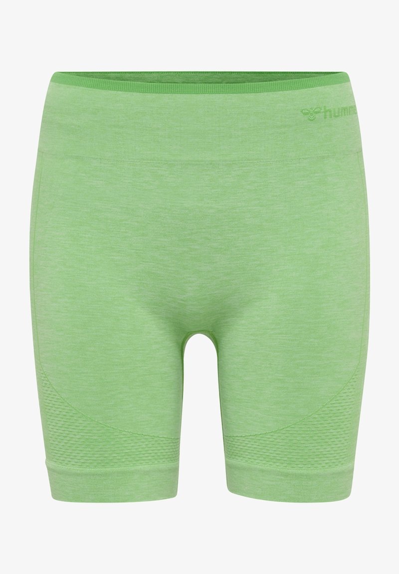 Lichtgroene naadloze biker shorts met getextureerde panelen op de dijen en een brede tailleband, ontworpen voor sportkleding.