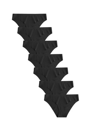 Set med åtta svarta bomulls-bikinitrosor med slät yta och heltäckande design, med elastiska midjeband och minimala sömnadsdetaljer.