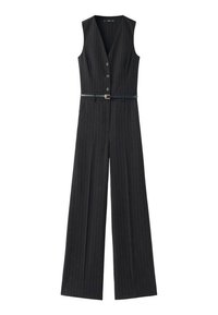 Black pinstriped jumpsuit with a v-neck, sleeveless design, five buttons down the front, and a thin belt at the waist. Wide-leg silhouette.