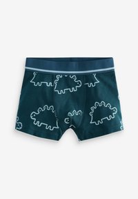 Chłopięce majtki typu boxer w ciemnym turkusie z białym nadrukiem dinozaurów. Posiadają miękką elastyczną talię i gładki materiał bawełniany.