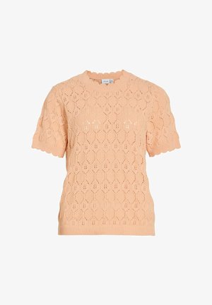 Pfirsichfarbener kurzärmeliger Stricktop mit wellenförmigen Kanten, ausgestattet mit einem blattgemusterten, offenen Strickdesign sowie geripptem Saum und Bündchen.