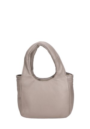 Borsa in pelle grigia chiara con manici arrotondati, una textura morbida e un design minimalista. Presenta un unico scomparto principale senza hardware visibile.