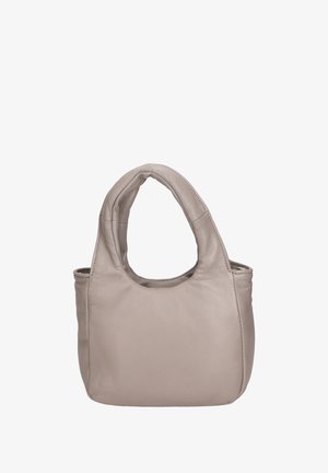 Borsa in pelle grigia chiara con manici arrotondati, una textura morbida e un design minimalista. Presenta un unico scomparto principale senza hardware visibile.