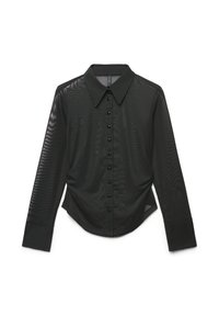 Camicia nera trasparente a maniche lunghe con collo, chiusura frontale a bottoni e silhouette aderente con una sottile texture.