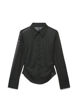 Camicia nera trasparente a maniche lunghe con collo, chiusura frontale a bottoni e silhouette aderente con una sottile texture.