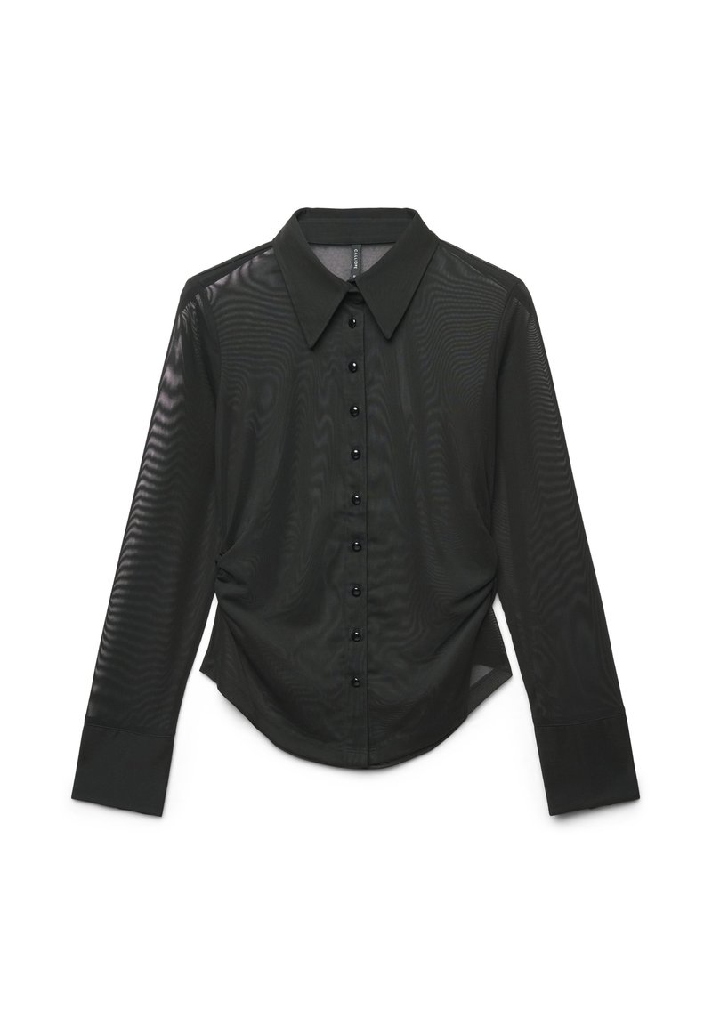 Camicia nera trasparente a maniche lunghe con collo, chiusura frontale a bottoni e silhouette aderente con una sottile texture.