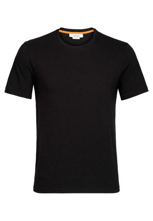 Black short-sleeve t-shirt made of soft fabric, featuring a round neckline with an orange accent inside. Tailored, classic fit.