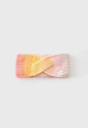 Gebreide hoofdband met gedraaid voorontwerp in verloopkleuren van roze naar geel, met een klein label met de merknaam BARTS.