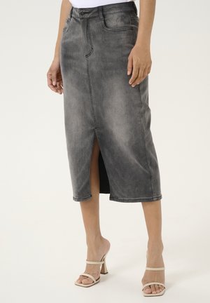 Denim pencil skirt in gray with a front slit, belt loops, and pocket details. Finished with a smooth texture and a mid-calf length.