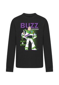 Schwarzes Langarmshirt mit einem Cartoon-Charakter in einem Raumanzug und dem Text "BUZZ GALACTIC GUARDIAN TO INFINITY & BEYOND" in bunten Schriften.