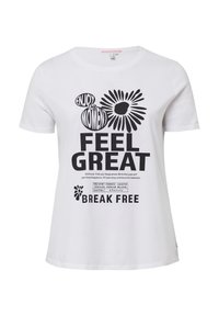 Witte katoenen T-shirt met zwarte grafische tekst en bloemmotieven. Ronde hals, korte mouwen en een losse fit met geprinte details.