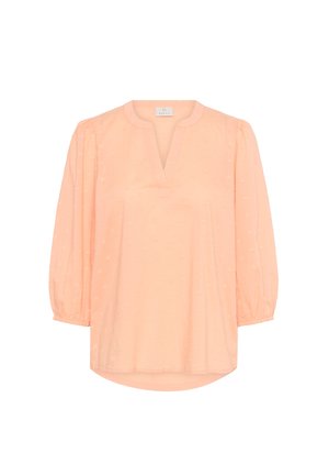 Persikka värvi blouse V-kaelusega, 3/4 elastsete varrukatega, tekstuurse südamemustriga ja ümarate servadega. Valmistatud pehmest kangast.