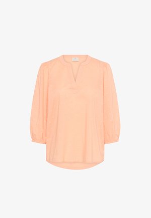 Peach-colored blouse with a V-neck, 3/4 elastic sleeves, textured heart pattern, and a rounded hem. Made from soft fabric.