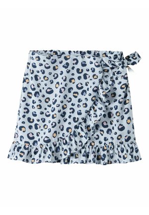 Gonna a portafoglio azzurro chiaro con stampa leopardata multicolore, orlo arricciato e dettaglio fiocco laterale.