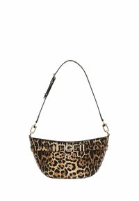 Borsa a spalla con stampa leopardata, realizzata in tessuto morbido con una forma curva, dotata di tracolla nera, dettagli in oro e logo.