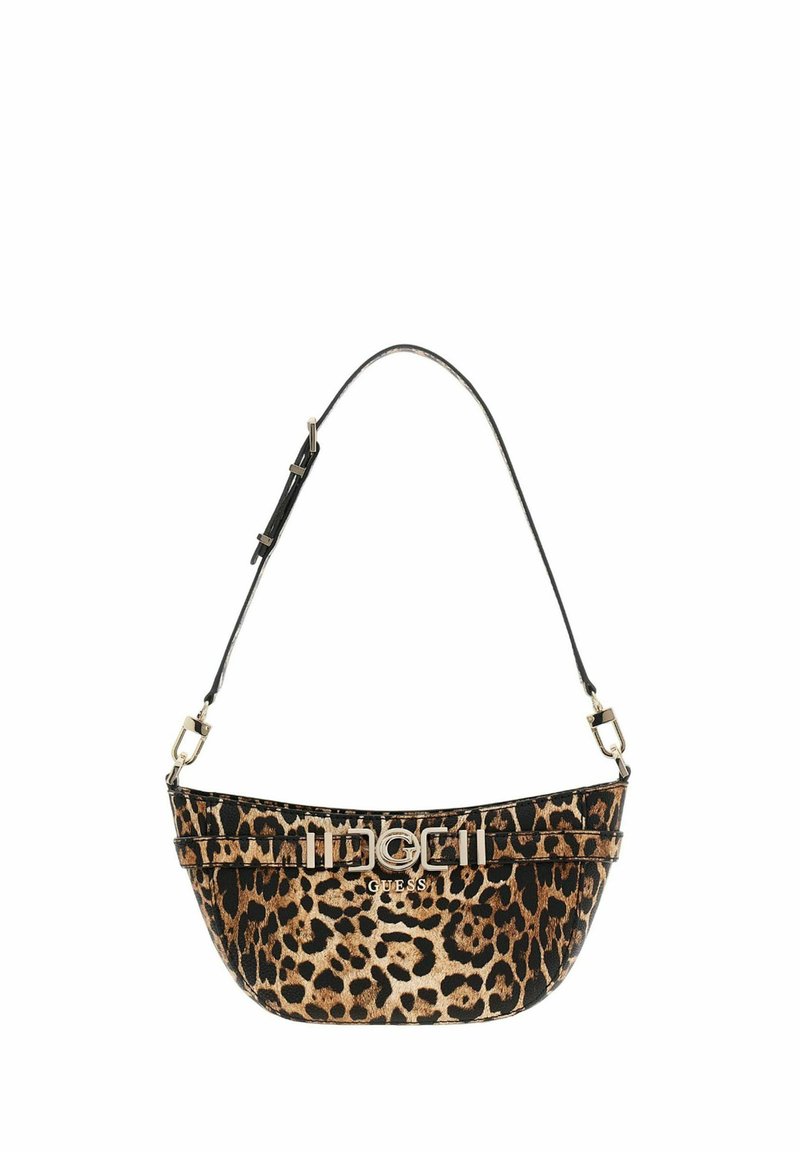 Borsa a spalla con stampa leopardata, realizzata in tessuto morbido con una forma curva, dotata di tracolla nera, dettagli in oro e logo.