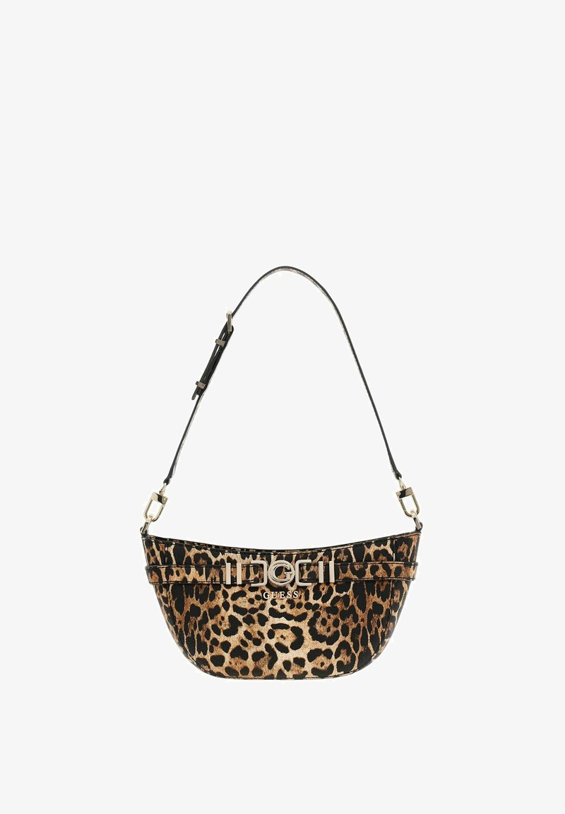 Borsa a spalla con stampa leopardata, realizzata in tessuto morbido con una forma curva, dotata di tracolla nera, dettagli in oro e logo.