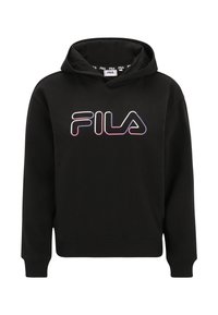 Felpa nera con cappuccio realizzata in tessuto morbido, dotata di tasca frontale, polsini a coste e logo FILA multicolore. Progettata con cappuccio regolabile tramite cordino.