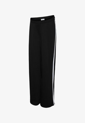 Pantalons de sport noirs en tissu doux, avec une coupe évasée et une bande latérale blanche. Taille élastique pour plus de confort.