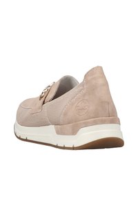Beige two-tone sneaker featuring a combination of suede and mesh, a padded collar, and a textured rubber sole with a slight heel.