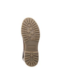 Suola di stivale in gomma con un motivo a battistrada caratterizzato da croci rialzate e scanalature, di colore beige, con dettaglio del logo "TRAVELIN'".