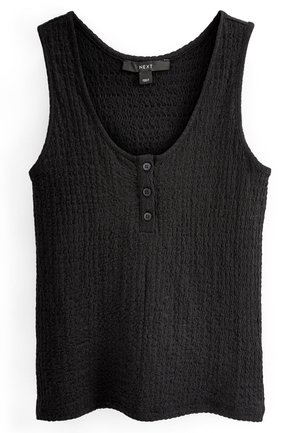 Zwart textuurloze mouwloze tanktop met ronde halslijn en drie kleine knopen op de voorkant.