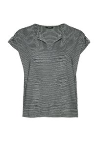 Blouse femme manches courtes noire et blanche avec un petit motif géométrique et un col en V fendu.
