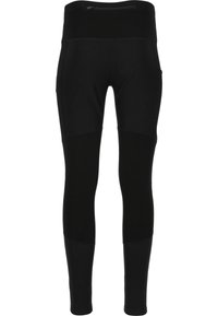 Leggings noirs avec une taille haute, présentant une texture lisse, des panneaux contrastants et des poches latérales pour le rangement.