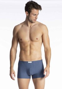 Boxer briefs blu navy con strisce verticali bianche, vita elastica, forma aderente e un tessuto morbido e stretch per il comfort. Sfondo semplice.