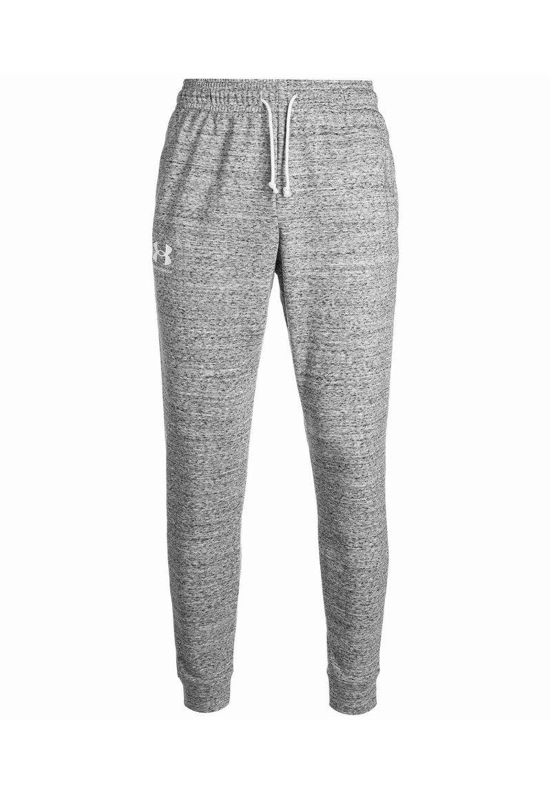 Pantalones de chándal grises con una tela texturizada, cinturilla elástica, cierre con cordón y un pequeño logo en el muslo izquierdo. Ajuste entallado en los tobillos.