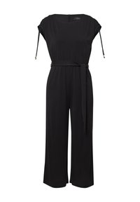 Schwarzer Jumpsuit mit kurzen Ärmeln, tailliertem Schnitt und weit geschnittenem Bein. Verfügt über einen geschlossenen rückseitigen Reißverschluss und verstellbare Kordeldetails. Glattes Material.
