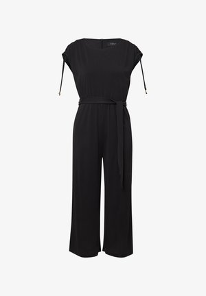 Zwarte jumpsuit met korte mouwen, een aansluitende taille en een brede pijp. Beschikt over een gesloten rits aan de achterkant en een verstelbaar trekkoorddetail. Glad materiaal.