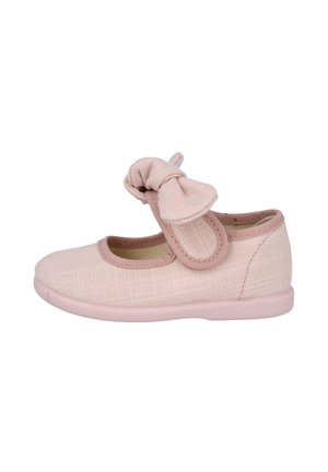 Zapato para niño pequeño de color rosa claro con correa de lazo de tela y suela texturizada, diseñado para un uso casual y cómodo.