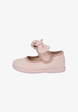 Zapato para niño pequeño de color rosa claro con correa de lazo de tela y suela texturizada, diseñado para un uso casual y cómodo.