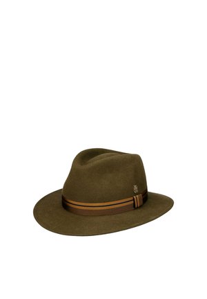 Olive green fedora hat with a brown and tan striped band and a small metallic emblem on the side.