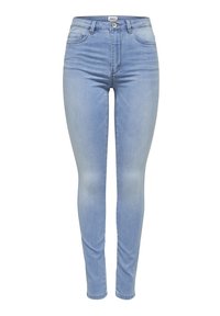 Jeans ajustados de mezclilla en color azul claro. Presentan una cintura alta, bolsillos frontales, un cierre de botón y una textura suave con un ligero desvanecimiento.