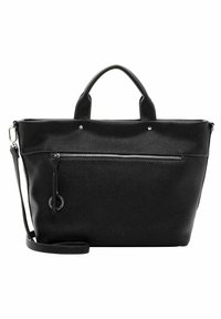 Schwarze Leder-Tote-Bag mit texturierter Oberfläche, oberen Griffen, abnehmbarem Schulterriemen und vorderer Reißverschlusstasche. Verfügt über silberne Hardware-Akzente.