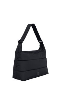 Schwarze gepolsterte Schultertasche mit strukturierter Oberfläche, horizontal geteilter Gestaltung, strapazierfähigem Tragegurt und einem Reißverschluss oben. Mit Branding an der Seite.