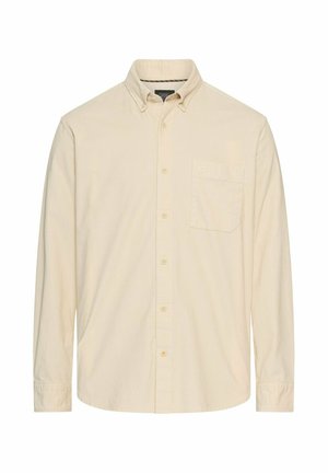 Langärmliges Hemd aus hellem beige Stoff mit einem Button-Down-Kragen, einer Brusttasche und einem vorderen Knopfverschluss. Dezente Texturdetails im gesamten Design.