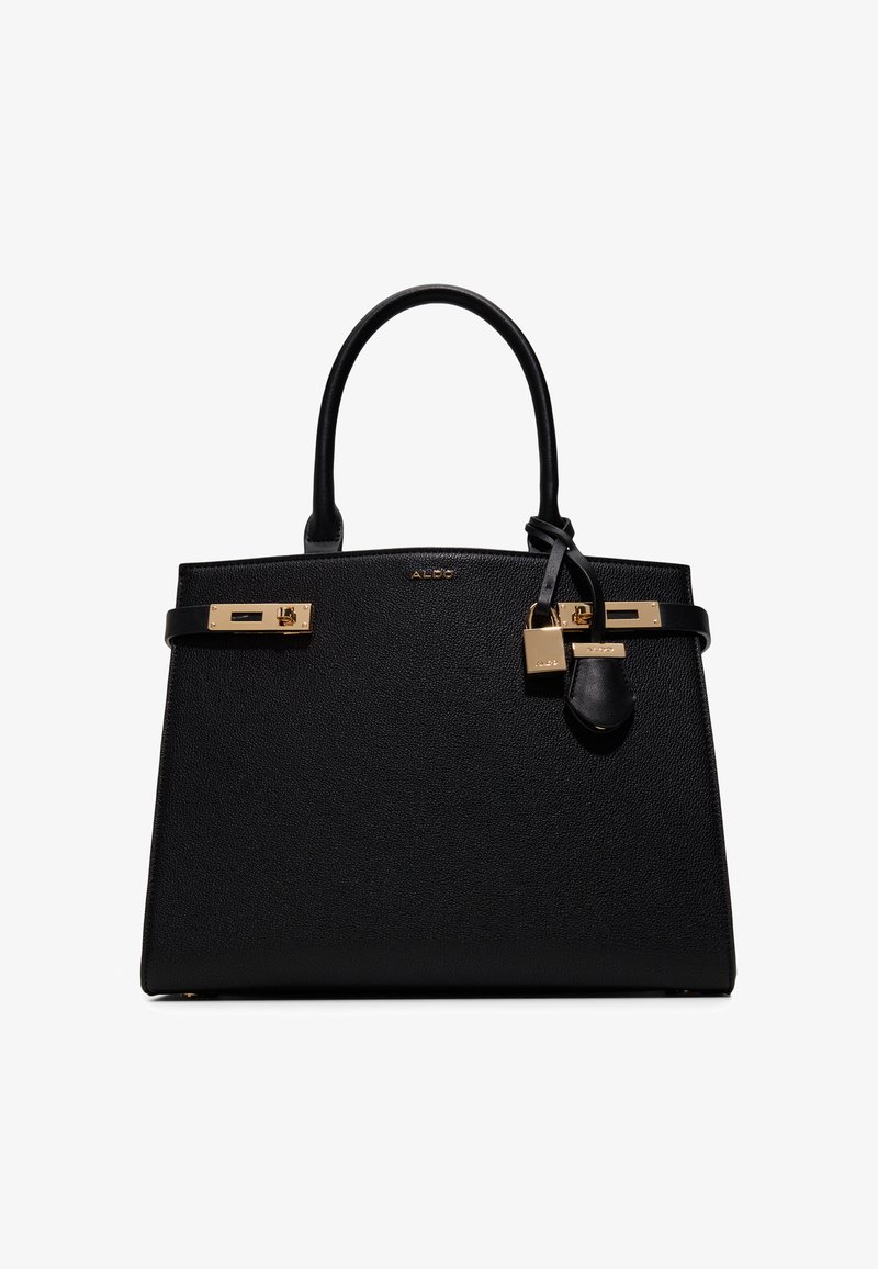 Sac à main en cuir noir texturé avec deux poignées, serrure et boucles dorées, et petit logo de marque "ALDO" au centre devant.