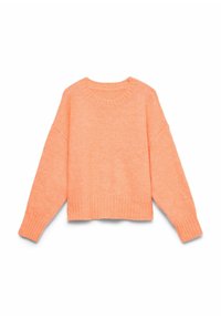 Pull doux à manches longues et col rond de couleur pêche pastel avec poignets et ourlet côtelés, présenté à plat sur un fond blanc.