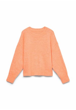 Pull doux à manches longues et col rond de couleur pêche pastel avec poignets et ourlet côtelés, présenté à plat sur un fond blanc.