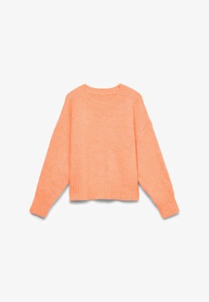 Pull doux à manches longues et col rond de couleur pêche pastel avec poignets et ourlet côtelés, présenté à plat sur un fond blanc.
