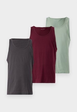 Three tank tops in various colors: dark gray, burgundy, and light green. Each features a smooth texture and a rounded neckline.