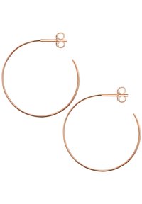 Ro žinės aukso auskarai kilpos pavidalu su lygiu, apvaliu dizainu ir liekna forma. Uždaryti su kilpos užsegimu, demonstruojant minimalistinę estetiką.