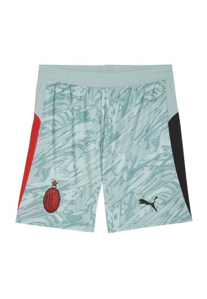 Licht turquoise sportshorts met een abstract patroon, zwarte en rode accenten aan de zijkanten, een elastische tailleband en logodetails.