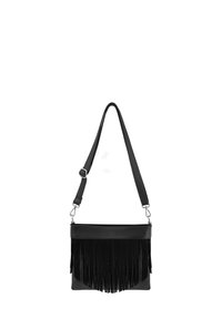 Bolso cruzado de cuero negro con un acento de flecos en la parte delantera, correa ajustable y un acabado texturizado en el cuerpo.
