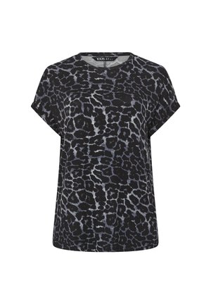 Camiseta de manga corta hecha de tejido suave, con un patrón de print de leopardo en negro y gris, de corte relajado y cuello redondo.