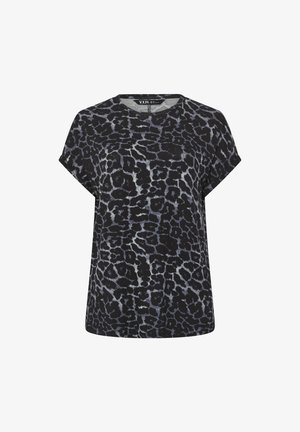 T-shirt à manches courtes en tissu doux, présentant un motif léopard noir et gris avec une coupe décontractée et un col rond.