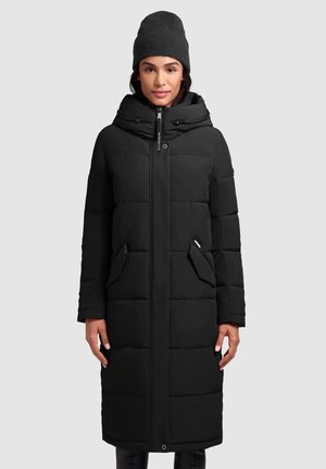 Schwarze Pufferjacke mit Kapuze, mit Reißverschluss, zwei seitlichen Taschen, gestepptem Design und gerippten Ärmelbündchen.